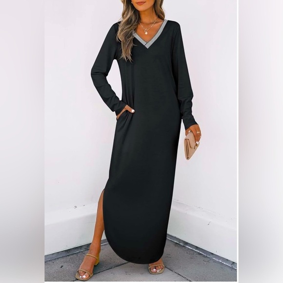 NWT Women's Long Sleeve Loose Casual Maxi Dress V Neck Trendy Split Black Size M - Picture 1 of 14